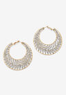 Goldtone Round Crystal Leaf Hoop Earrings, GOLD, hi-res image number 0