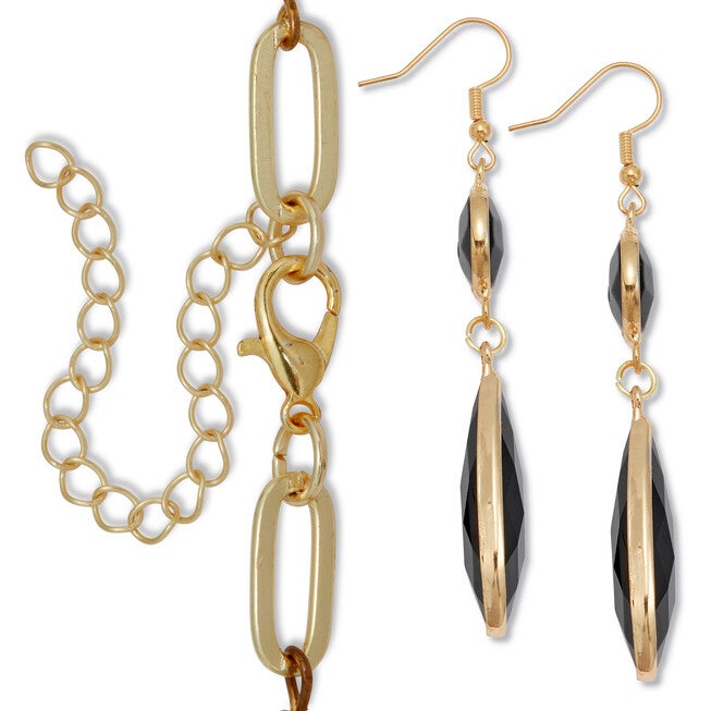 Black Crystal Goldtone Vintage-Inspired Necklace and Earring Set, BLACK, on-hover image number null