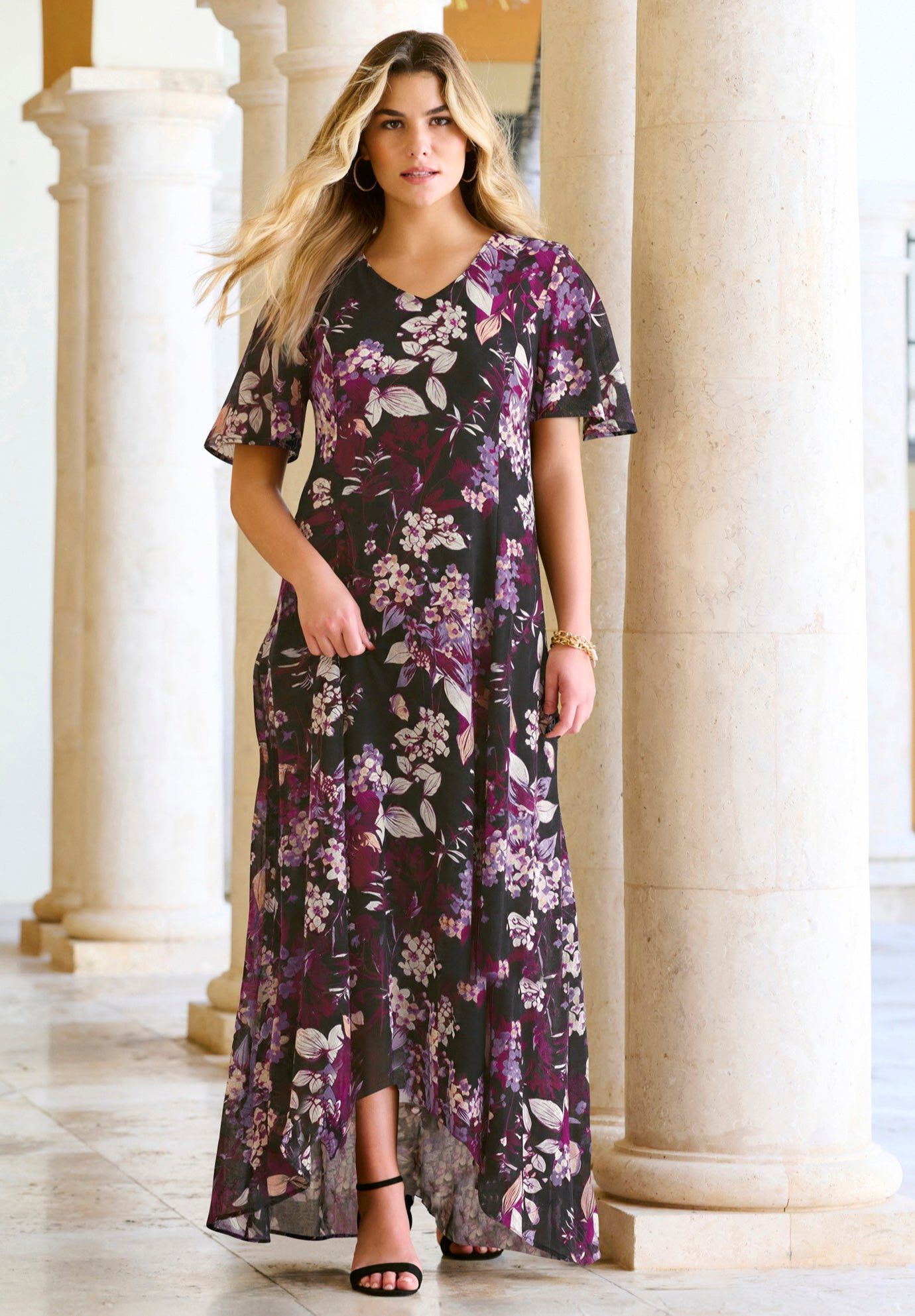 Plus Size Hand Crinkled Flutter-Sleeve Maxi Dress, BLACK BERRY FLORAL, hi-res image number 0