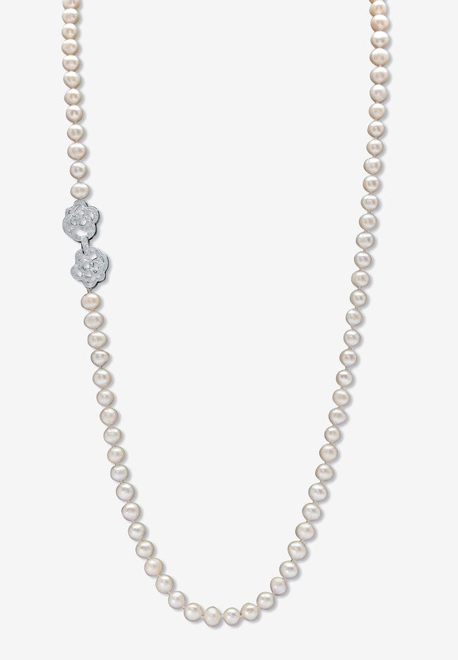 1.42 Cttw. White Genuine Pearl Necklace W/Cubic Zirconia Clasp Silvertone 32 inches, PEARL CUBIC ZIRCONIA, hi-res image number null
