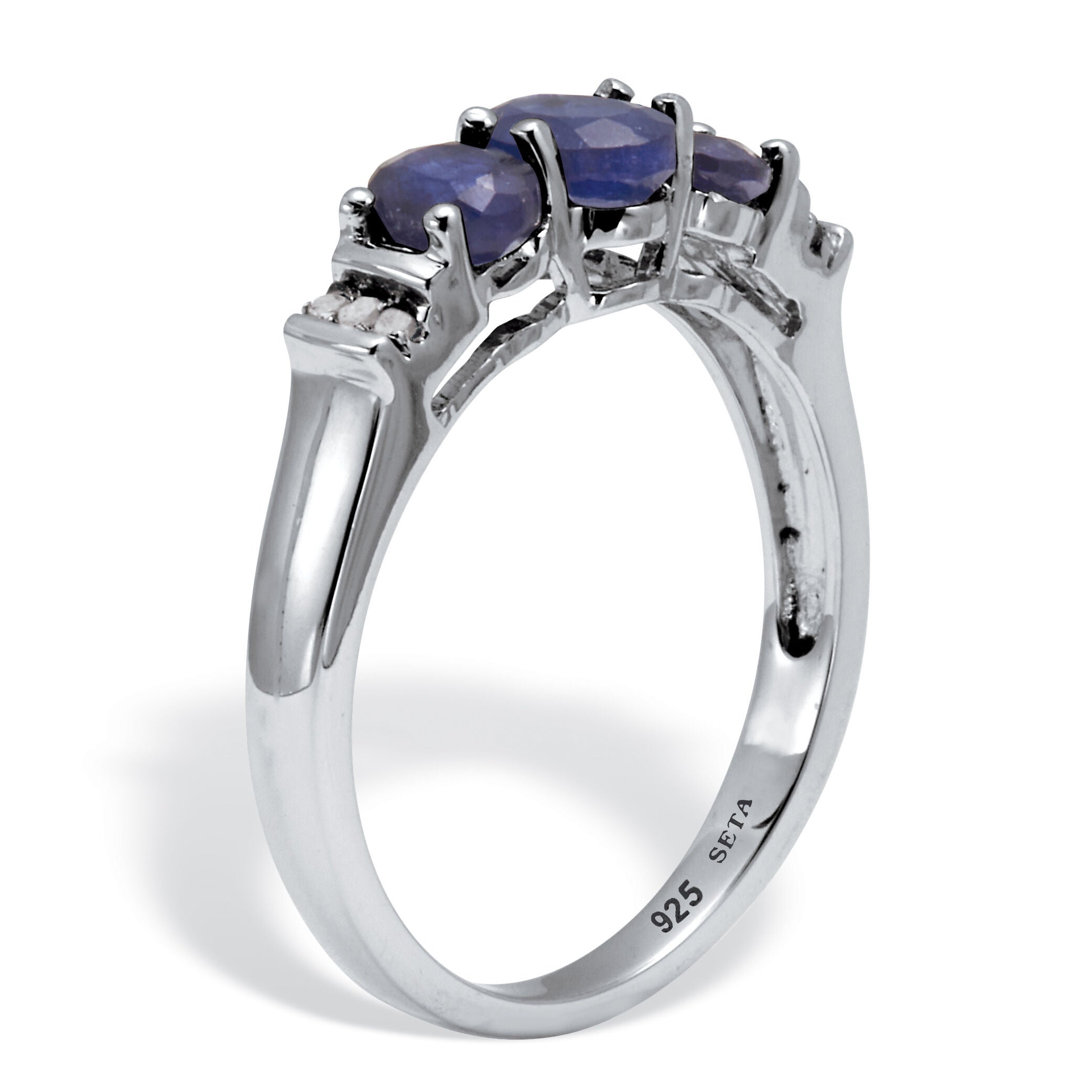 1.31 TCW Genuine Blue Sapphire and Diamond Accent Sterling Silver 3-Stone Ring, BLUE, on-hover image number 1