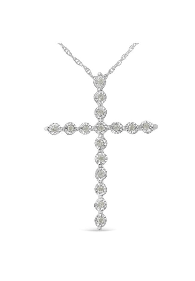Sterling Silver Brilliantcut Diamond Miracleset Shared Prong Cross Pendant Necklace, WHITE, hi-res image number 0