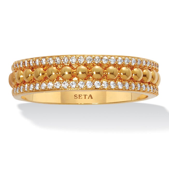 Triple Row Yellow Gold-Plated Round Crystal Band Ring, WHITE, hi-res image number 0