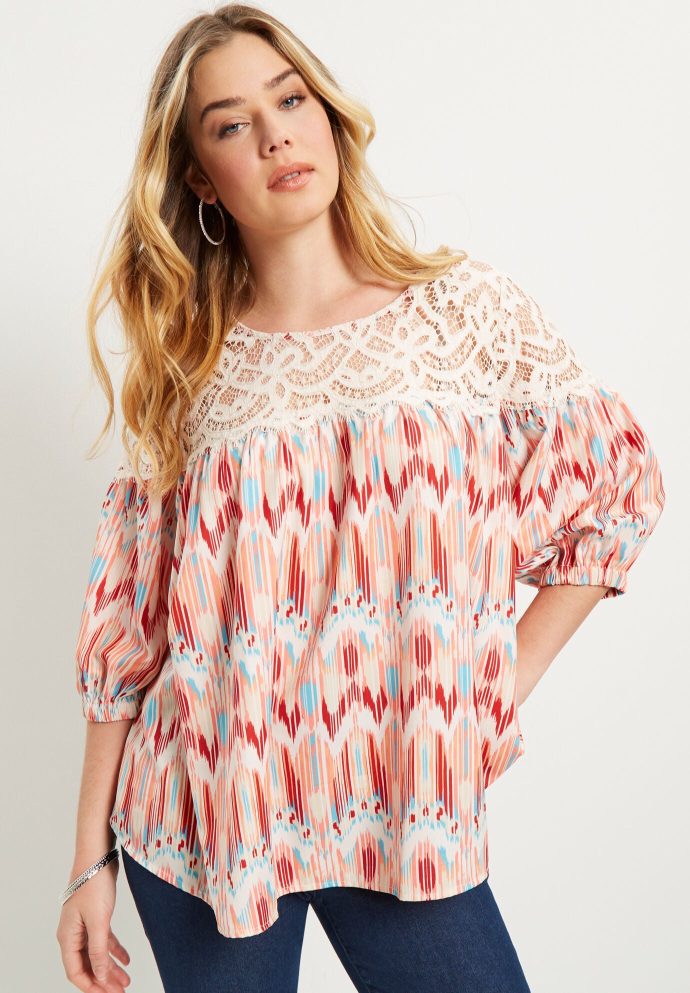 Blouson-Sleeve Crochet Yoke Blouse., , alternate image number 3