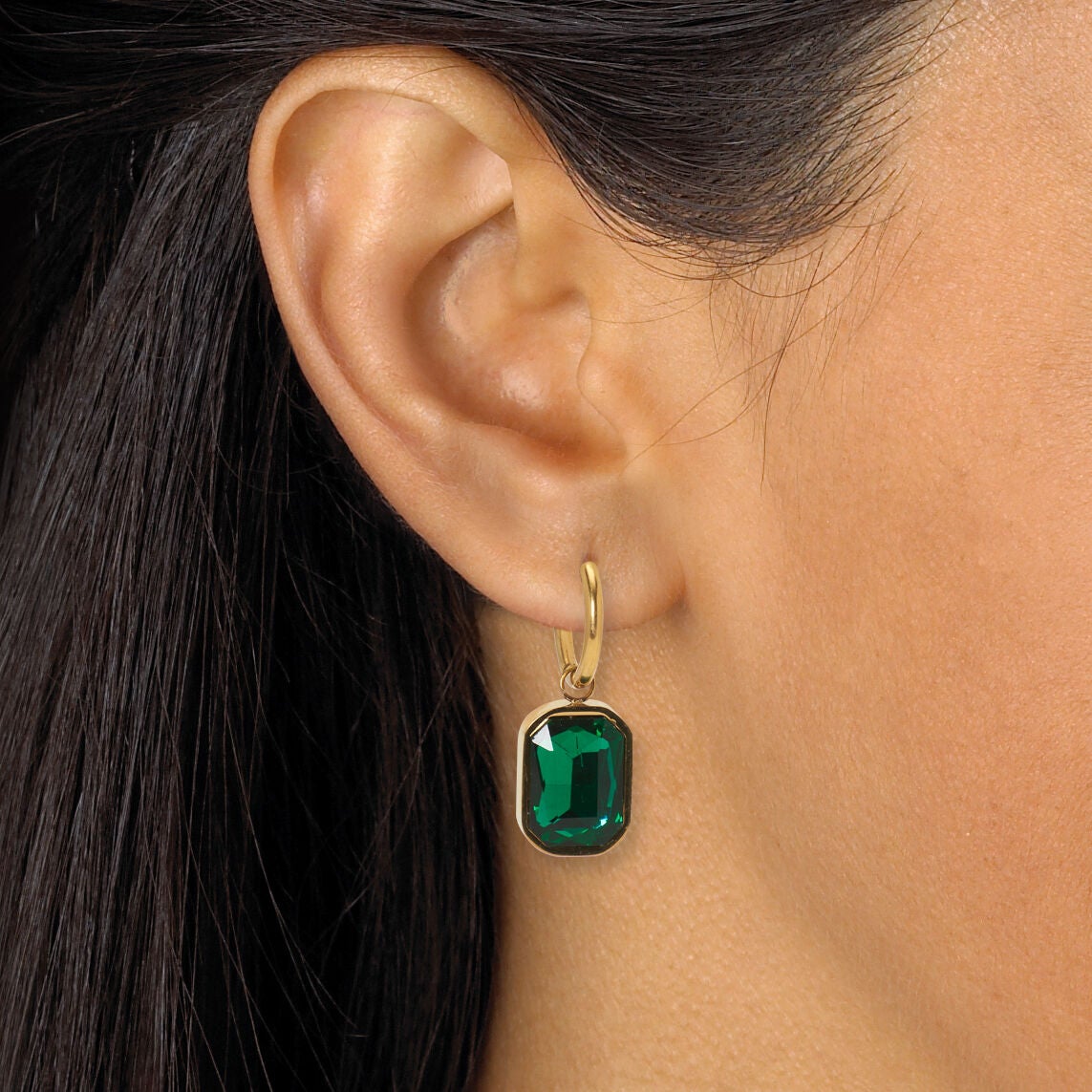 Emerald Cut Crystal Yellow Gold Ion-Plated Stainless Steel Huggie Earrings Set, BLACK, alternate image number 4