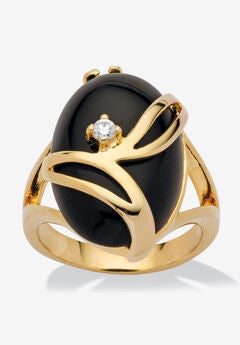 Yellow Gold Plated Natural Black Onyx and Round Crystal Ring