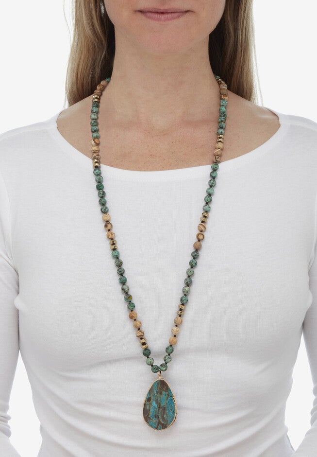 Genuine Multicolor Jasper Beaded Goldtone Bezel Set Pendant Necklace 36 Inch, , alternate image number 2