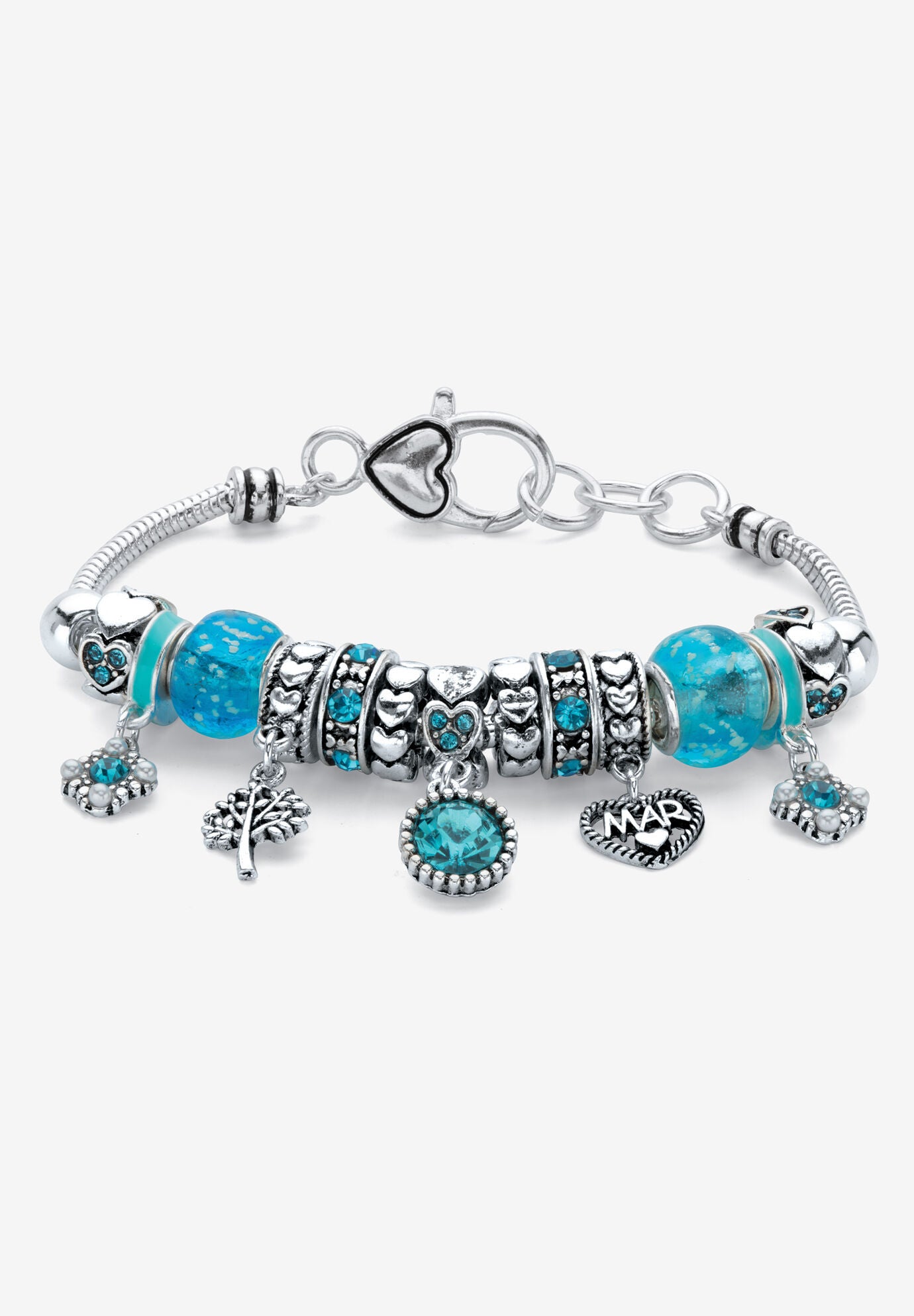 Antiqued Silvertone Simulated Birthstone 8 inches Charm Bracelet, MARCH, hi-res image number 0