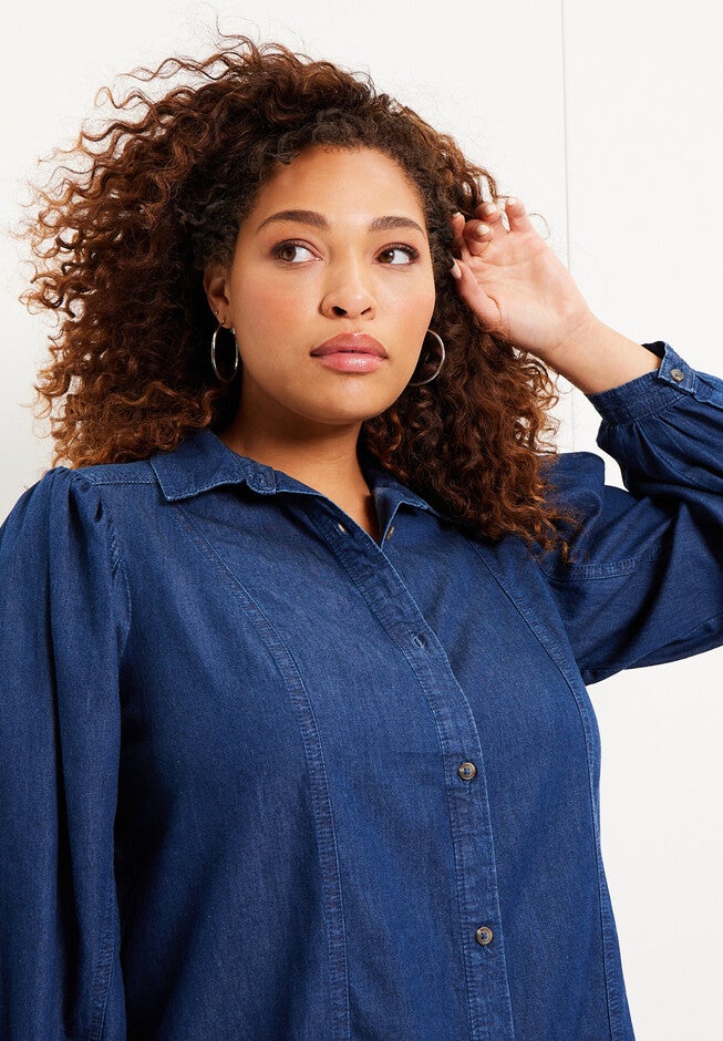 Blouson-Sleeve Chambray Top, , alternate image number 2