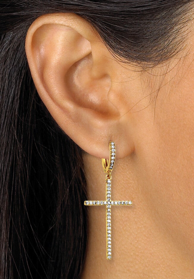 Crystal Cross Goldtone Drop Earrings, 42X18Mm, , alternate image number null