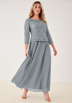 Plus Size Sequin Lace Three Quarter Sleeve A-Line Gown