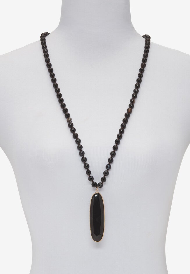 Genuine Black Agate Goldtone Bezel Set Oval Cabochon Beaded Necklace 34 Inch, , alternate image number 3