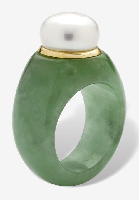 10K Gold Genuine Cultured Freshwater Pearl And Green Jade Ring Jewelry, , on-hover image number null