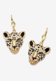 Gold Tone Leopard Face Drop Earrings