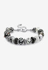 Silver Tone Antiqued Bali Style Bead Charm Bracelet, Crystal 8" Jewelry, CRYSTAL, hi-res image number null
