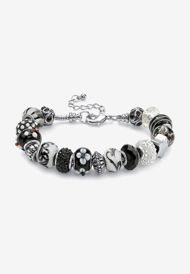 Silver Tone Antiqued Bali Style Bead Charm Bracelet, Crystal 8 inches Jewelry, CRYSTAL, hi-res image number 0