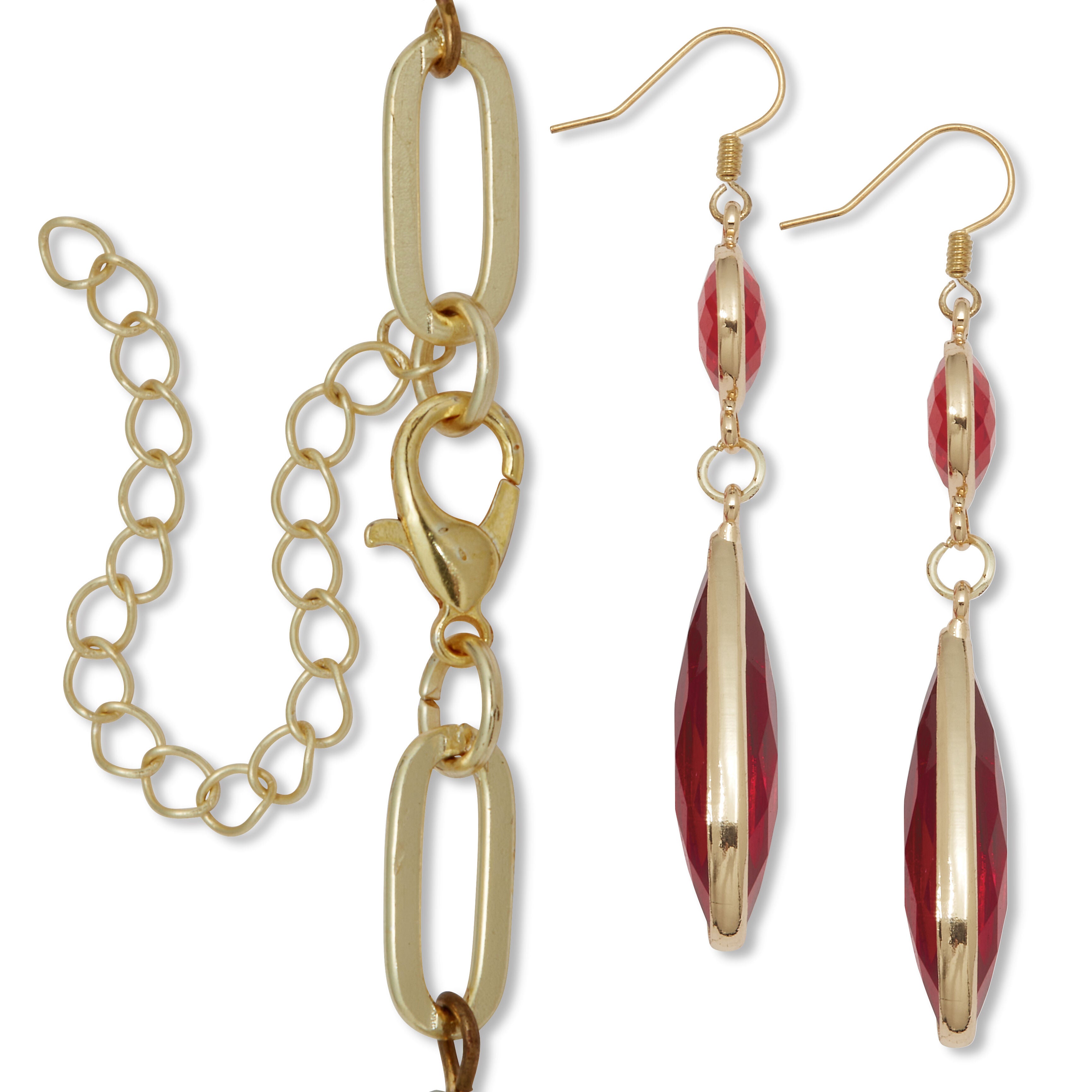 Red Crystal Goldtone Vintage-Inspired Necklace and Earring Set, RED, on-hover image number 1
