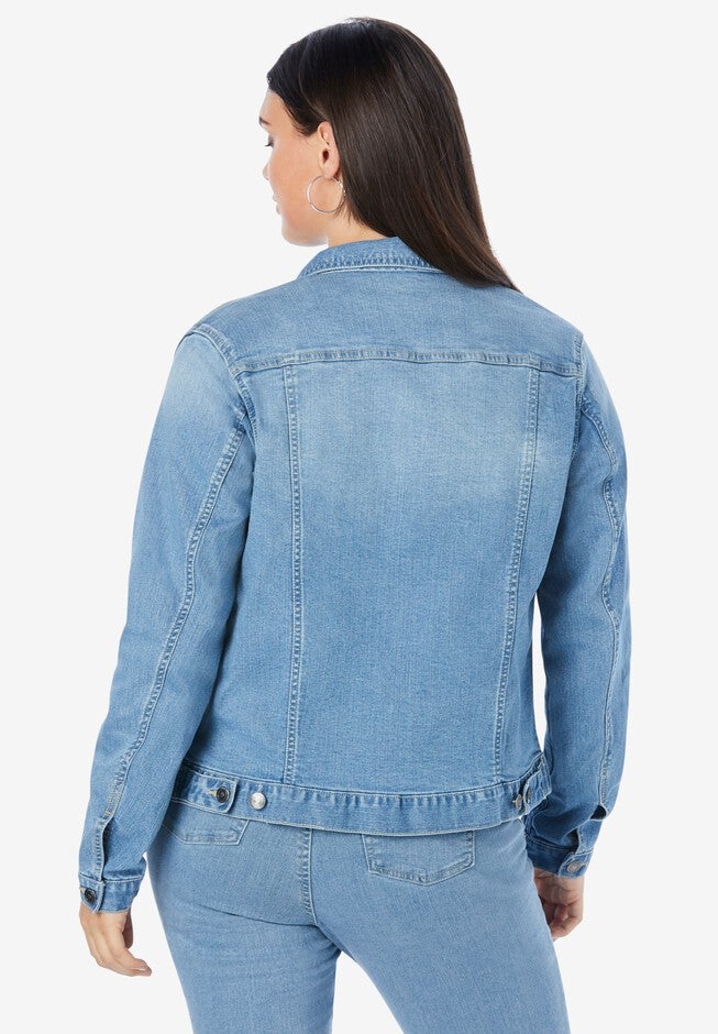 Plus Size Classic Stretch Denim Jacket, MEDIUM WASH, on-hover image number 1