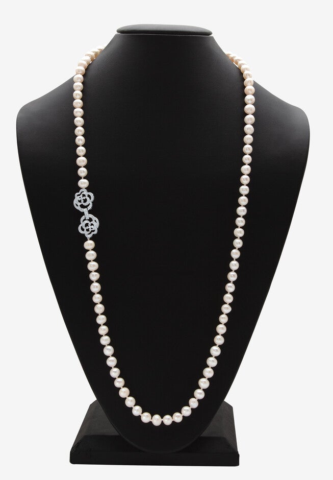 1.42 Cttw. White Genuine Pearl Necklace W/Cubic Zirconia Clasp Silvertone 32 inches, , alternate image number null