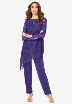 Plus-Size Asymmetrical Lace Pant Set –Long Sleeve Lace Scalloped Tunic & Elastic Waist Pants