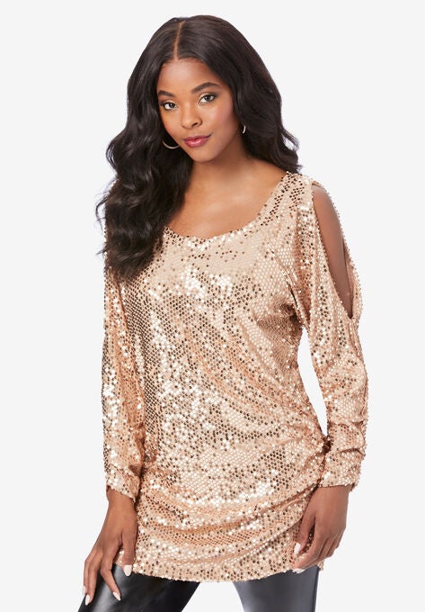 Cold-Shoulder Sequin Tunic, SPARKLING CHAMPAGNE, hi-res image number null