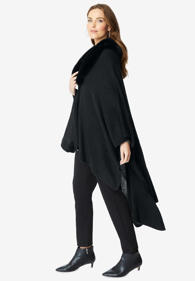 Faux Fur-Trimmed Shawl, , alternate image number null