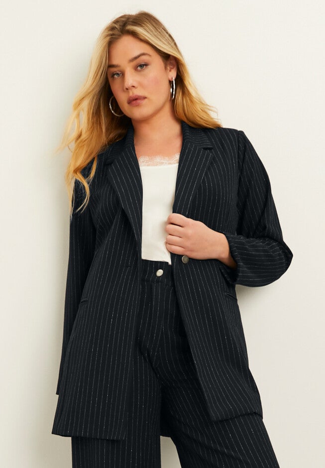 Metallic Pinstripe Double-Breasted Blazer, , alternate image number null
