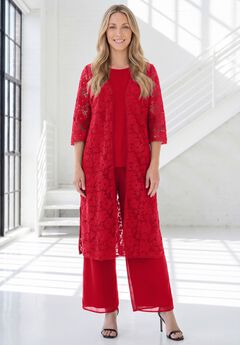 Plus Size 3-Piece Allover Lace Duster Pant Set – Formal Wear