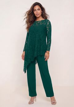 Plus-Size Asymmetrical Lace Pant Set –Long Sleeve Lace Scalloped Tunic & Elastic Waist Pants