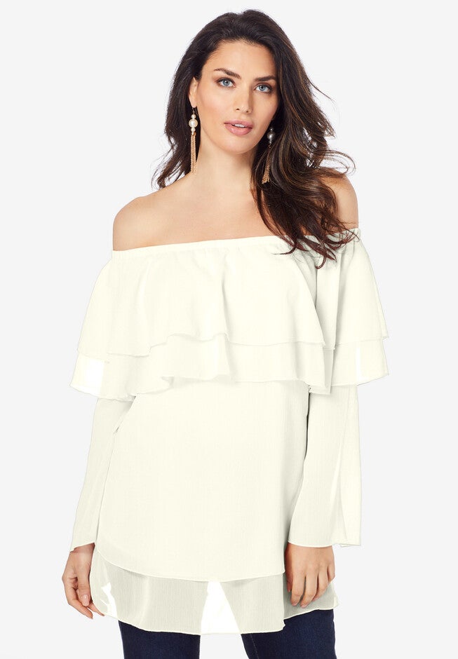 Flounce Off-The-Shoulder Top, IVORY, hi-res image number 0