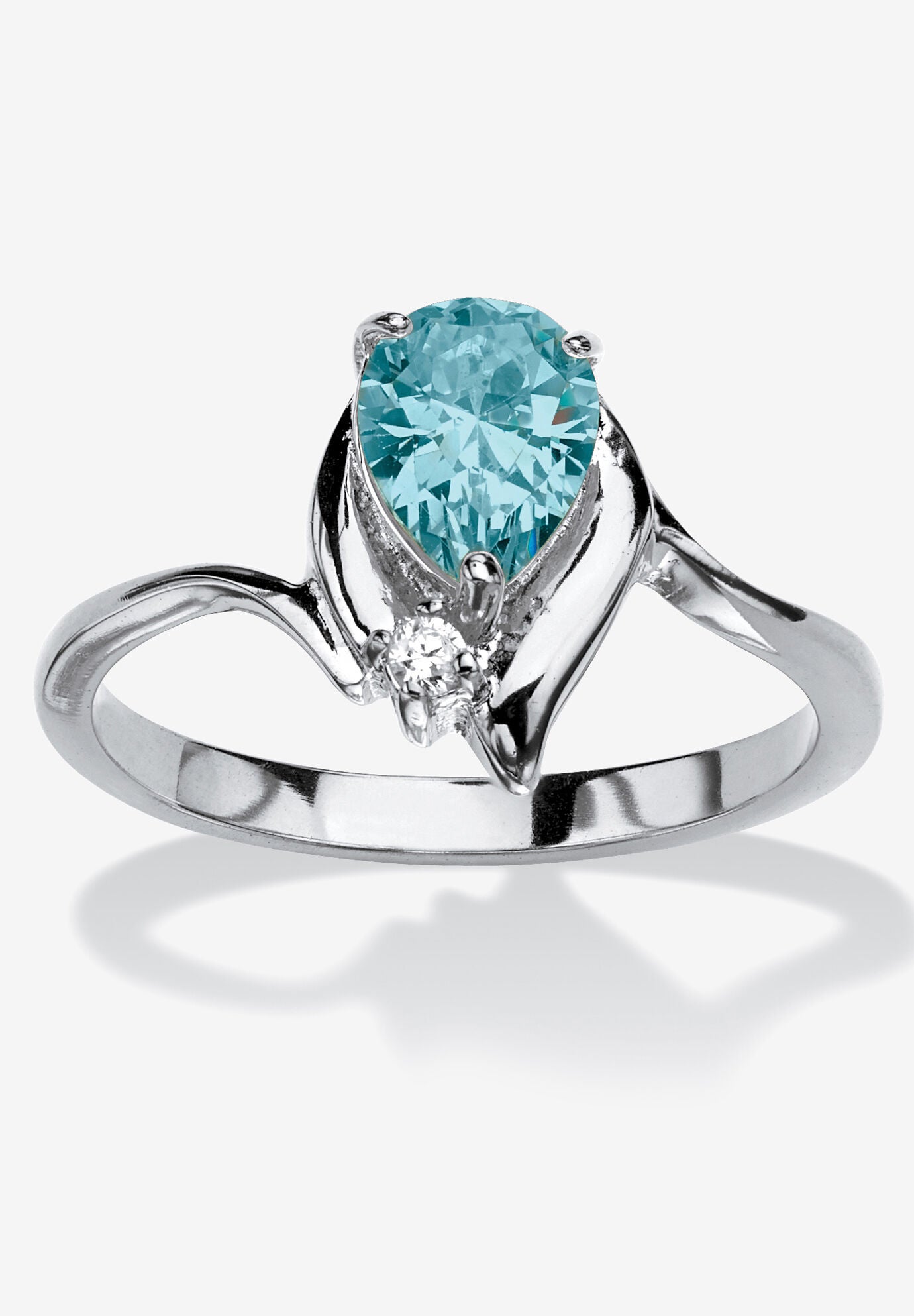Silvertone Simulated Pear Cut Birthstone And Round Crystal Ring Jewelry, BLUE TOPAZ, hi-res image number 0