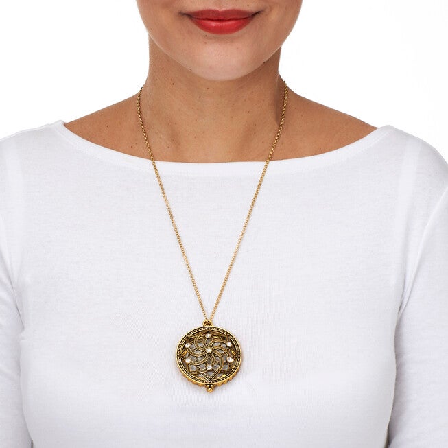 Mandala Flower Magnifying Glass Goldtone Pendant Necklace 23 inches, WHITE, alternate image number 2