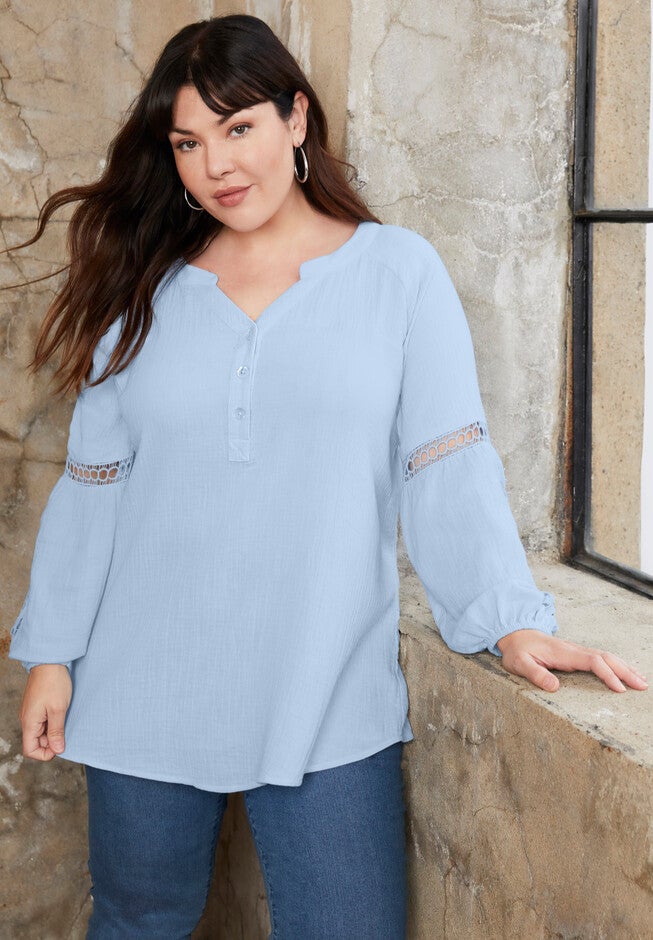 Crochet-Sleeve Popover Tunic, PALE BLUE, hi-res image number null