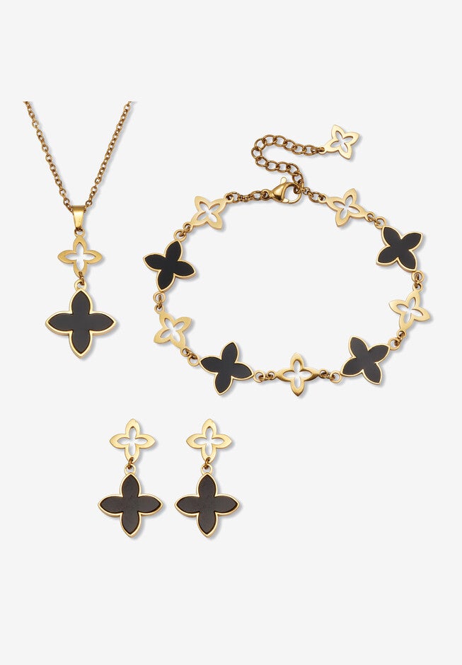 Genuine Black Mother Of Pearl Gold Ion-Plated Stainless Steel Clover Jewelry Set, BLACK, hi-res image number null