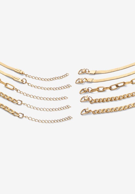 5 Piece Herringbone, Curb & Cable Link Ankle Bracelet Set Goldtone 9" Length Jewelry, , on-hover image number null
