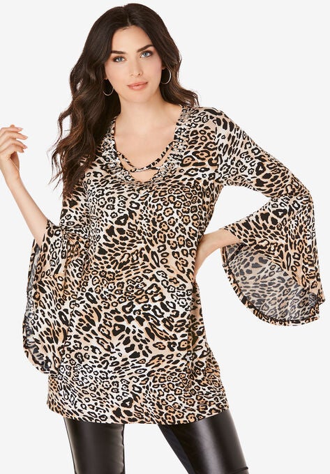 Crisscross Bell-Sleeve Ultra Femme Tunic, NATURAL CHEETAH PRINT, hi-res image number null