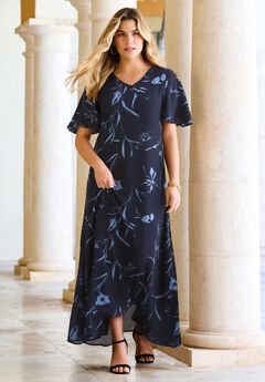 Plus Size Hand Crinkled Flutter-Sleeve Maxi Dress