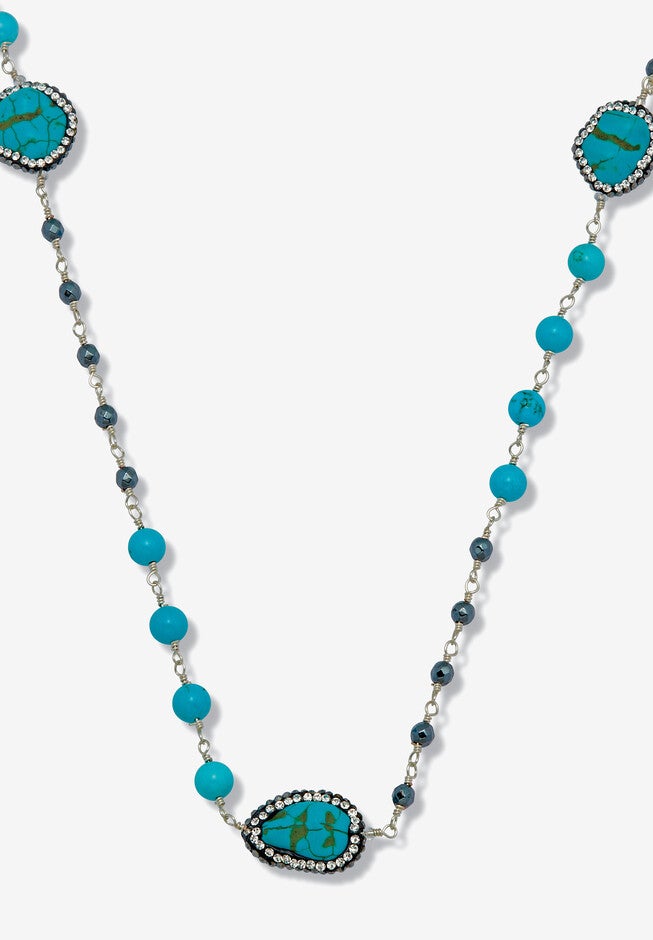 Genuine Turquoise And Crystal Silvertone Beaded Drop Necklace 36-Inch, BLUE, hi-res image number 0