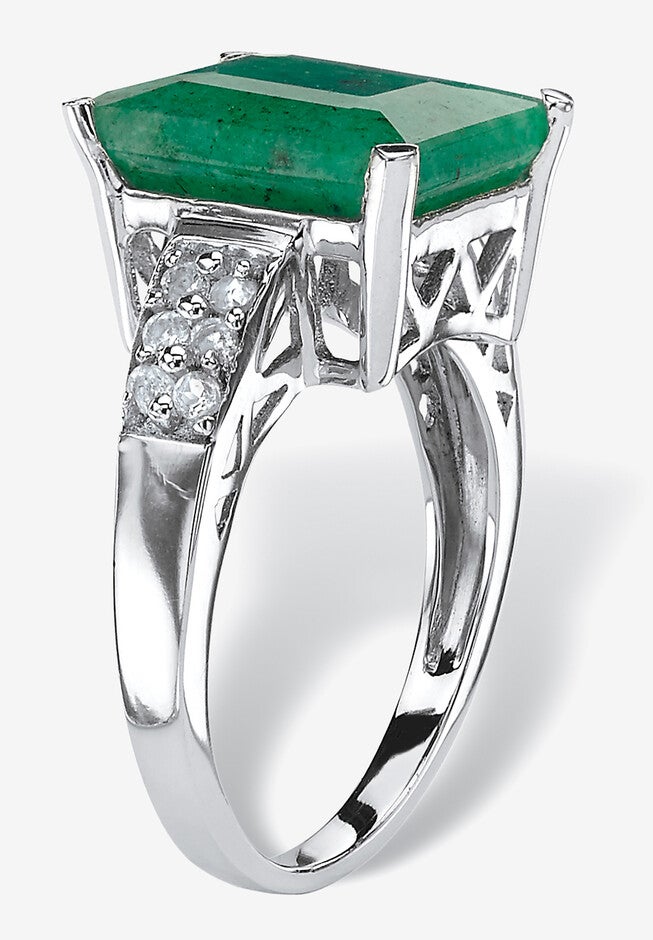 Sterling Silver Genuine Emerald And Round White Topaz Ring, , on-hover image number 1