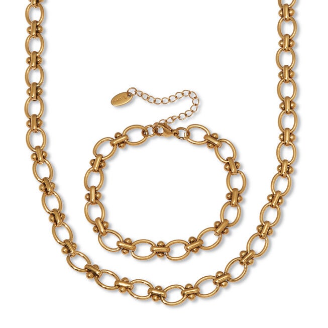 Yellow Gold Ion-Plated Stainless Steel Round Link Necklace Set, 18 to 20-inch, GOLD, hi-res image number null