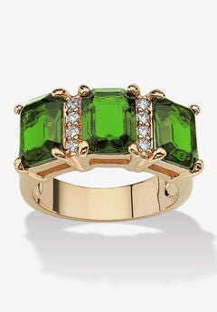 Yellow Gold-Plated Emerald Cut 3 -Stone Simulated Birthstone & CZ Ring