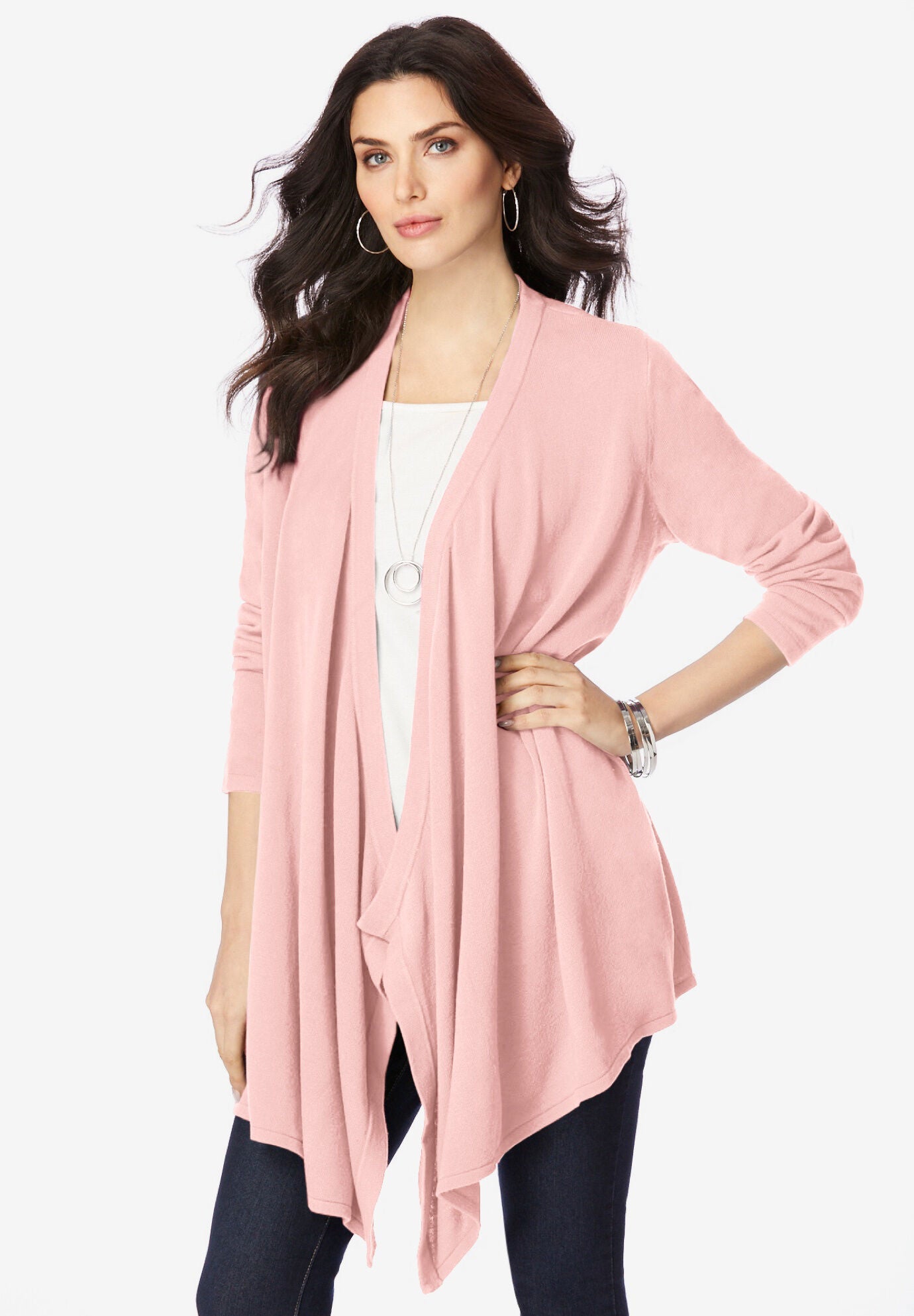 Plus Size Lightweight Handkerchief Hem Cardigan Sweater, SOFT BLUSH, hi-res image number 0