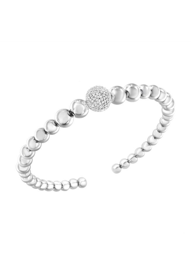 Sterling Silver 1/6 Cttw Diamond Rondelle Graduated Ball Bead Cuff Bangle Bracelet, WHITE, hi-res image number null