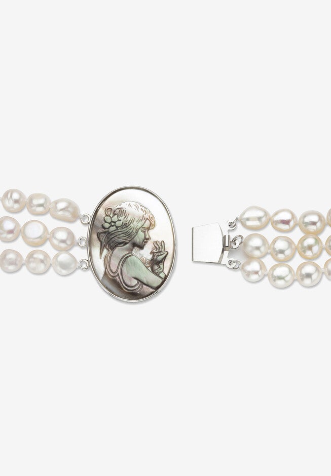 Genuine Freshwater Pearl Black Mother-Of-Pearl Cameo Necklace Silvertone 18 inches, , on-hover image number null