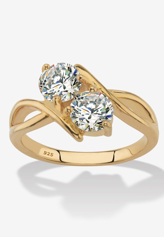 1.96 Cttw Cubic Zirconia 14K Gold-Plated Sterling Silver 2-Stone Bypass Ring, GOLD, hi-res image number null