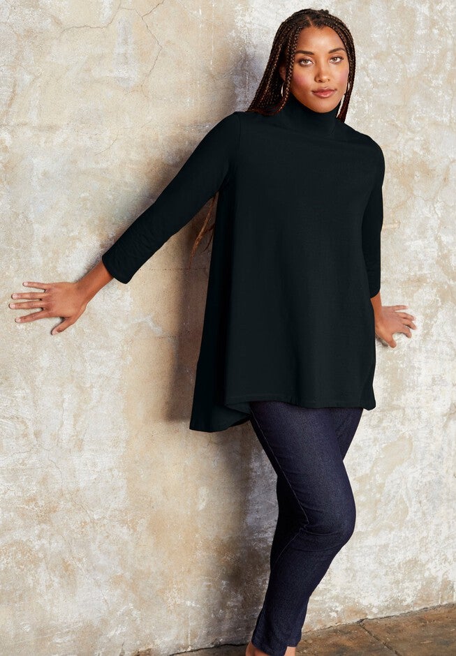 Mock-Neck Tunic with High-Low Hem, Black | Catherines