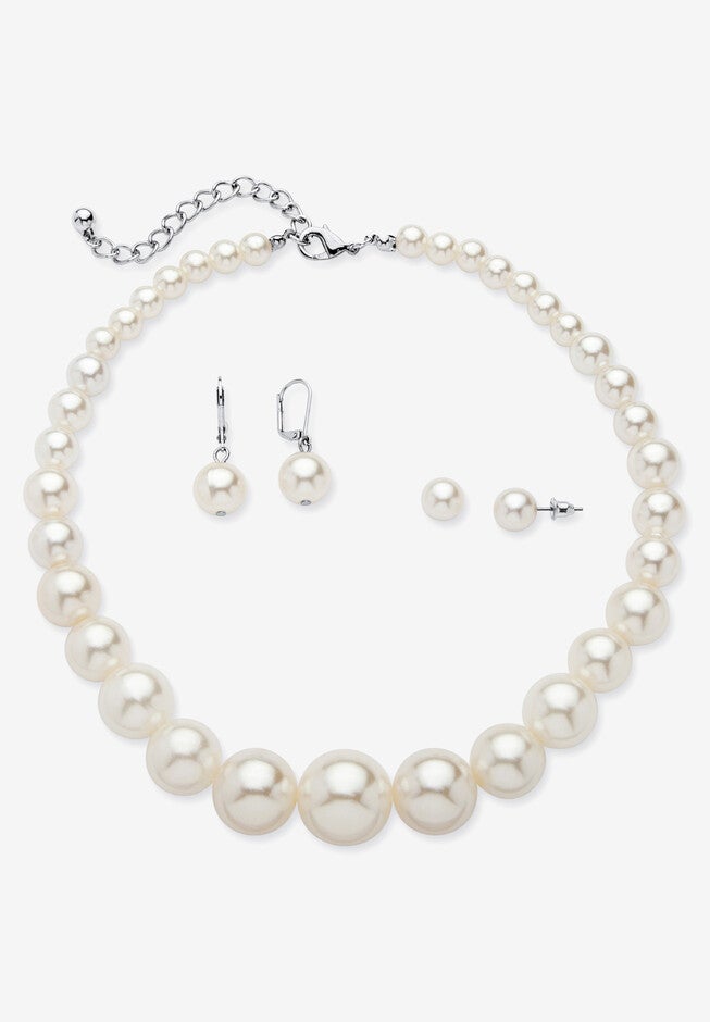 Simulated Pearl Silvertone Necklace And 2-Pair Earrings Set, SILVER, hi-res image number null