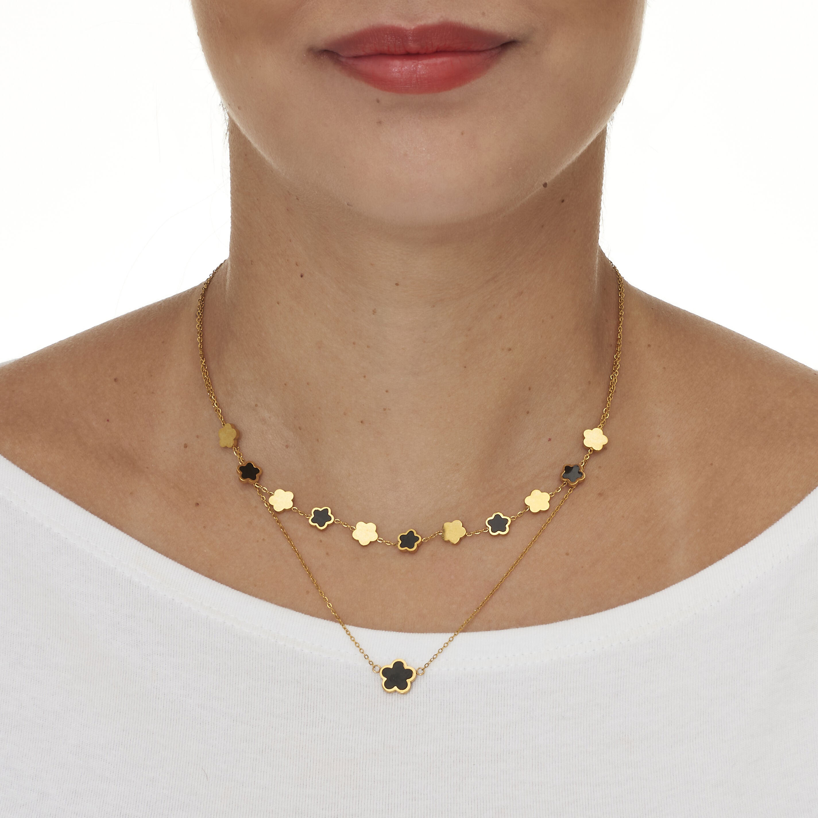 Genuine Black Onyx Gold Ion-Plated Stainless Steel Clover Necklace 17 to 19-inch, BLACK, alternate image number 2