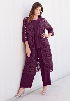 Plus Size 3-Piece Allover Lace Duster Pant Set – Formal Wear