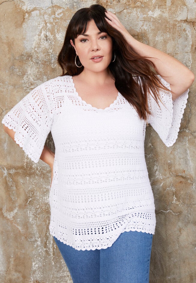 Openwork Crochet Pullover Sweater, WHITE, hi-res image number null